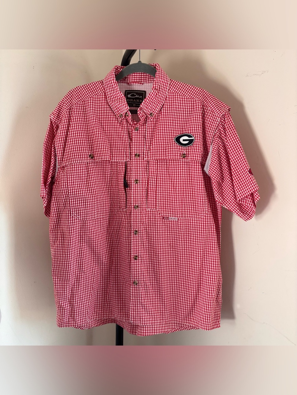 Drake Men's Red checkered Button-Down Short Sleeve Shirt Georgia Bulldogs Patch